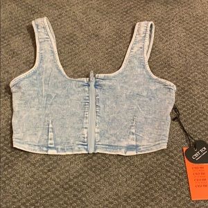 Fake jean zip up crop top